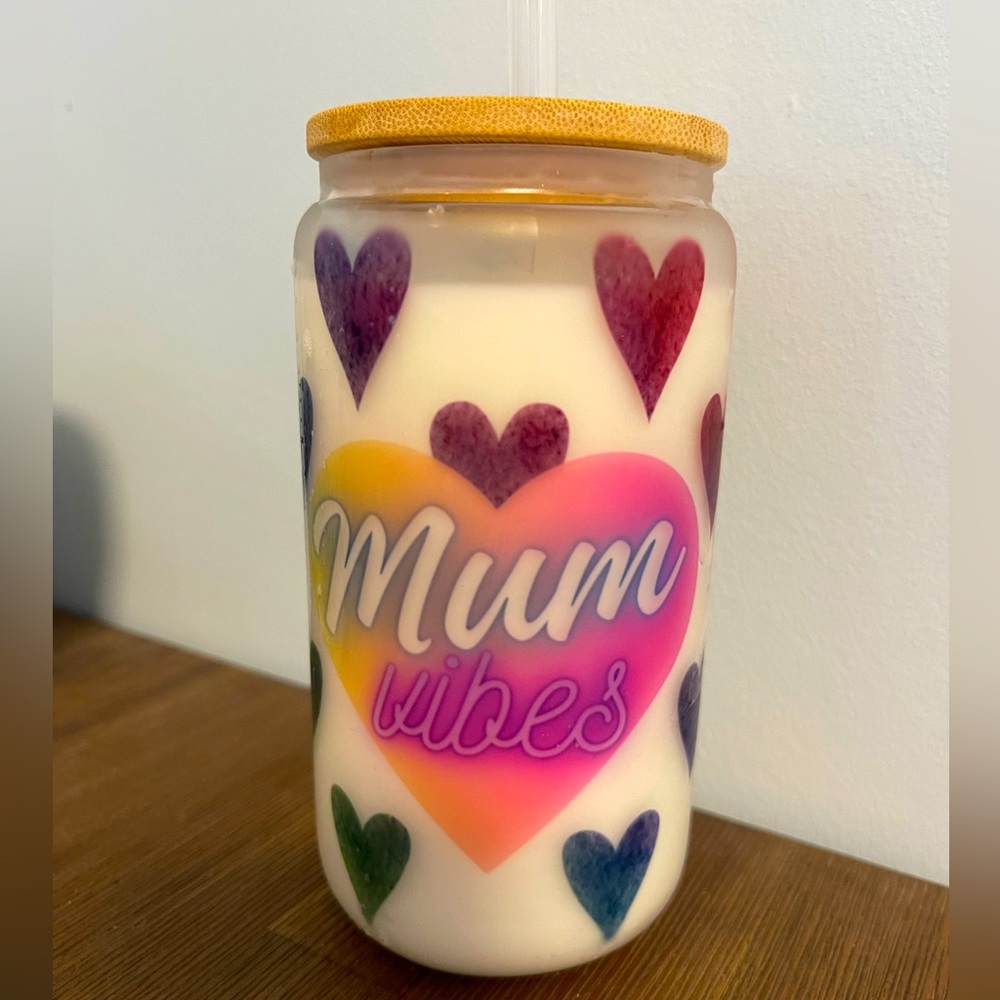 Mom Gift Libby glass cup Mum vibes with bamboo lid and glass straw